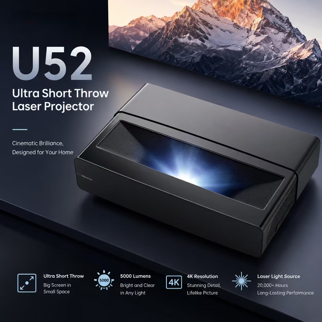 Home Cinema Ultra Short Throw Projector - U52 4K DLPプロジェクター 5300ルーメン 超短焦点 スマートWIFI