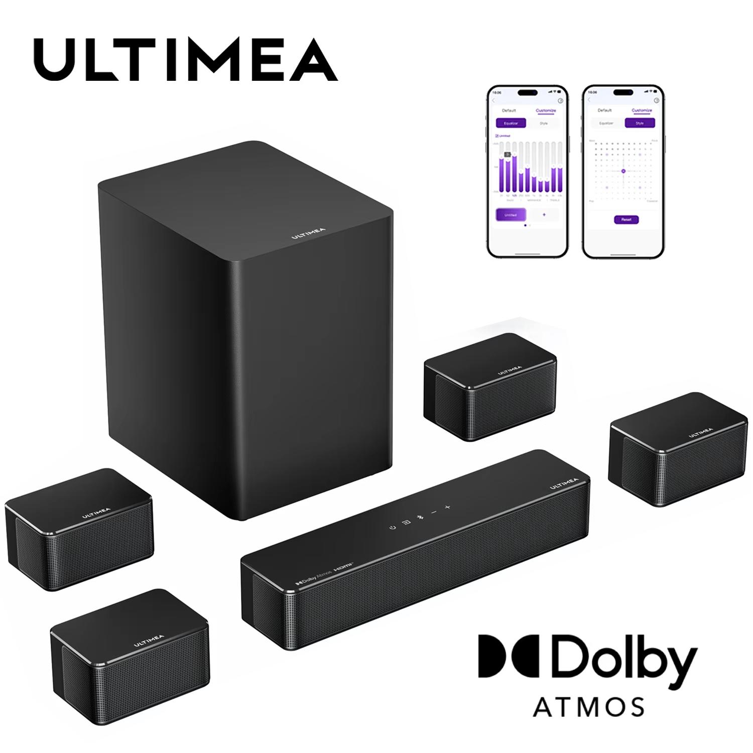 Home Cinema Dolby Atmos 7.1 - ULTIMEA 500W 7.1ch Dolby Atmosサウンドバー、ワイヤレスサブウーファーと4つのサラウンドスピーカー搭載、アプリ制御対応ホームシアターシステム