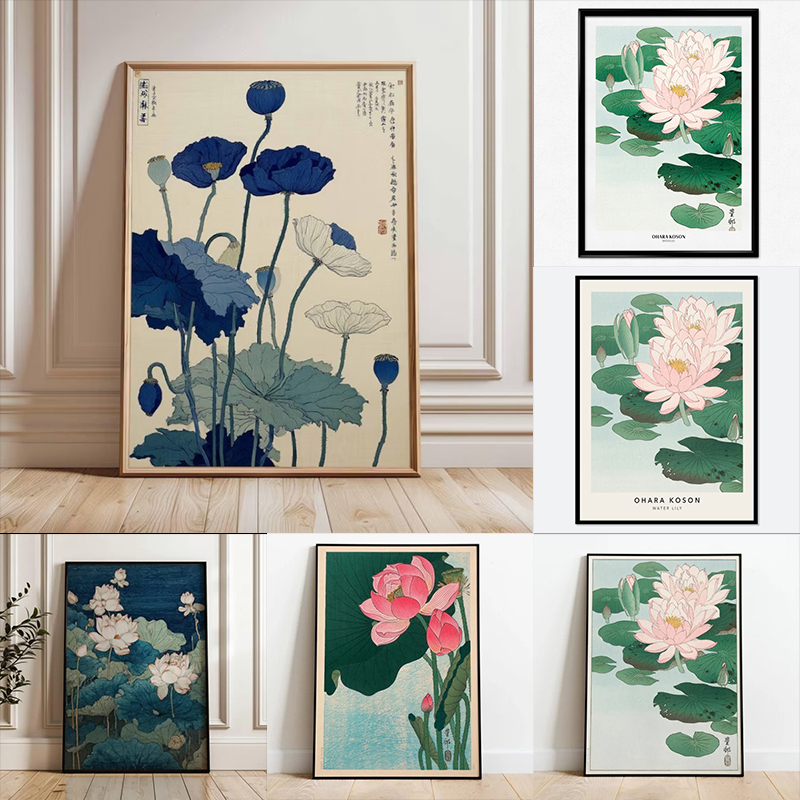 Home Cinema Wall Art - 1ピースフレームレスキャンバス絵画、日本のキャンバスポスターアートプリント、ヴィンテージ蓮の花アート、植物ポスター、青い花柄ウォールアート。