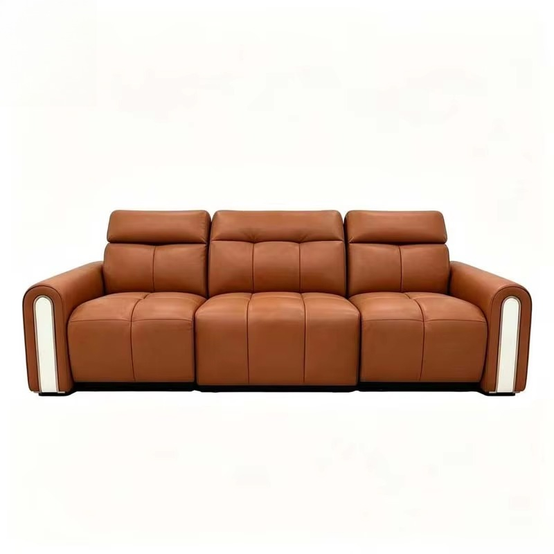 Home.Cinema Orange - ホームシアター用オレンジレザーリクライニングソファ3人掛け電動調整ヘッドレスト付きフルレザーソファ（ファミリー向けリビングルーム用）