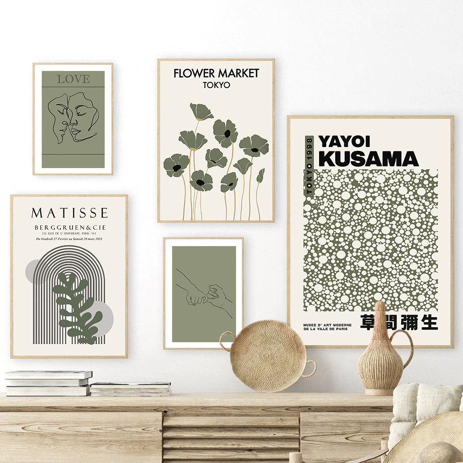 Home Cinema Wall Art - セージグリーン草間彌生マティスフラワーウォールアートキャンバス絵画北欧ポスターやプリント壁の写真リビングルームの装飾用