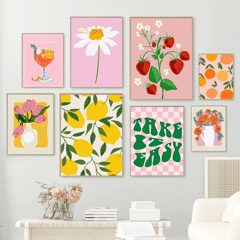 Home Cinema Wall Art - カラフルなホームカミングレモンストロベリーフラワープリントキャンバス絵画北欧抽象食品美的ポスター寝室の壁アートデコ