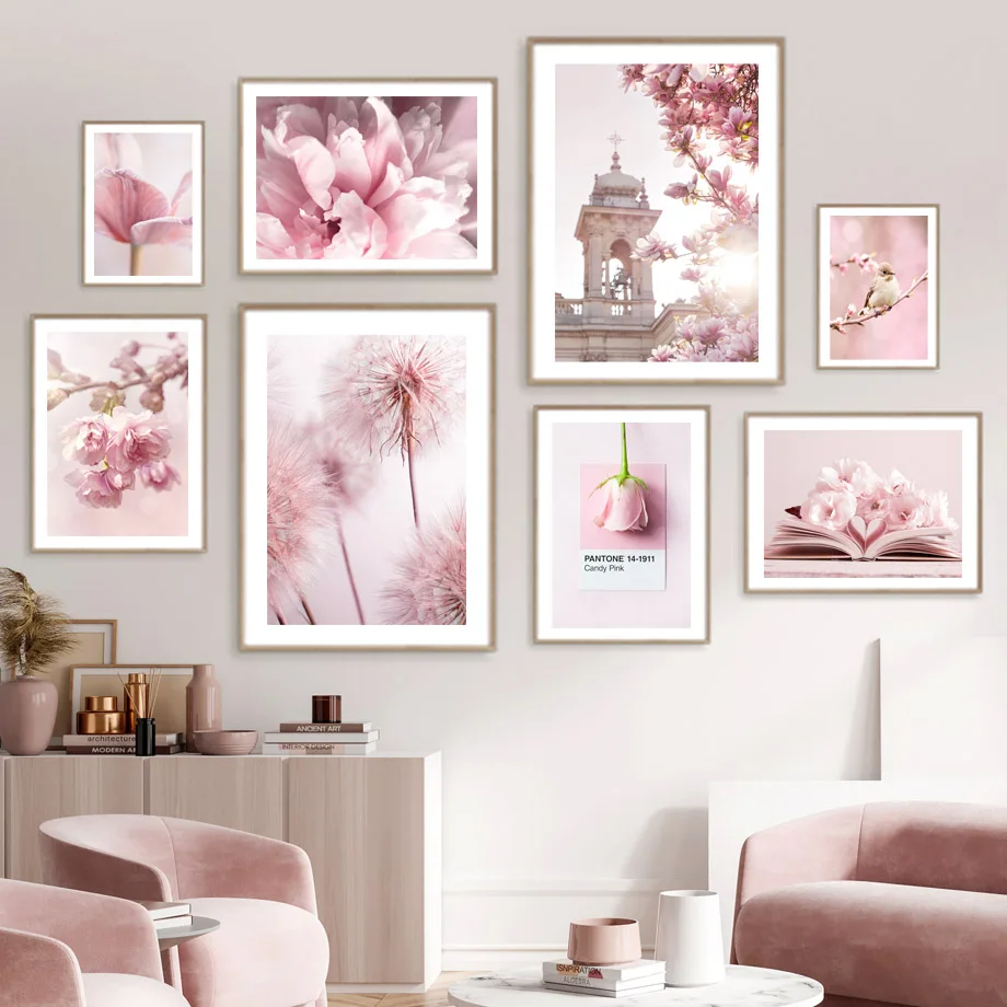 Home Cinema Wall Art - 春ピンクローズ牡丹桜タンポポ蘭スズメ車の庭のポスター花壁アートキャンバス絵画ホームルームの装飾